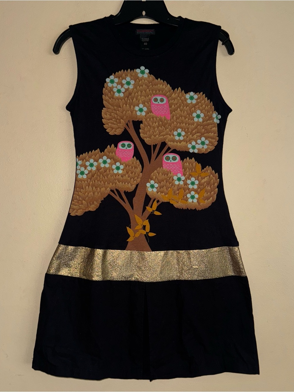 Y2K VINTAGE CUSTO BARCELONA DROP WAIST PINK OWL METALLIC MINI DRESS SIZE 40 / M